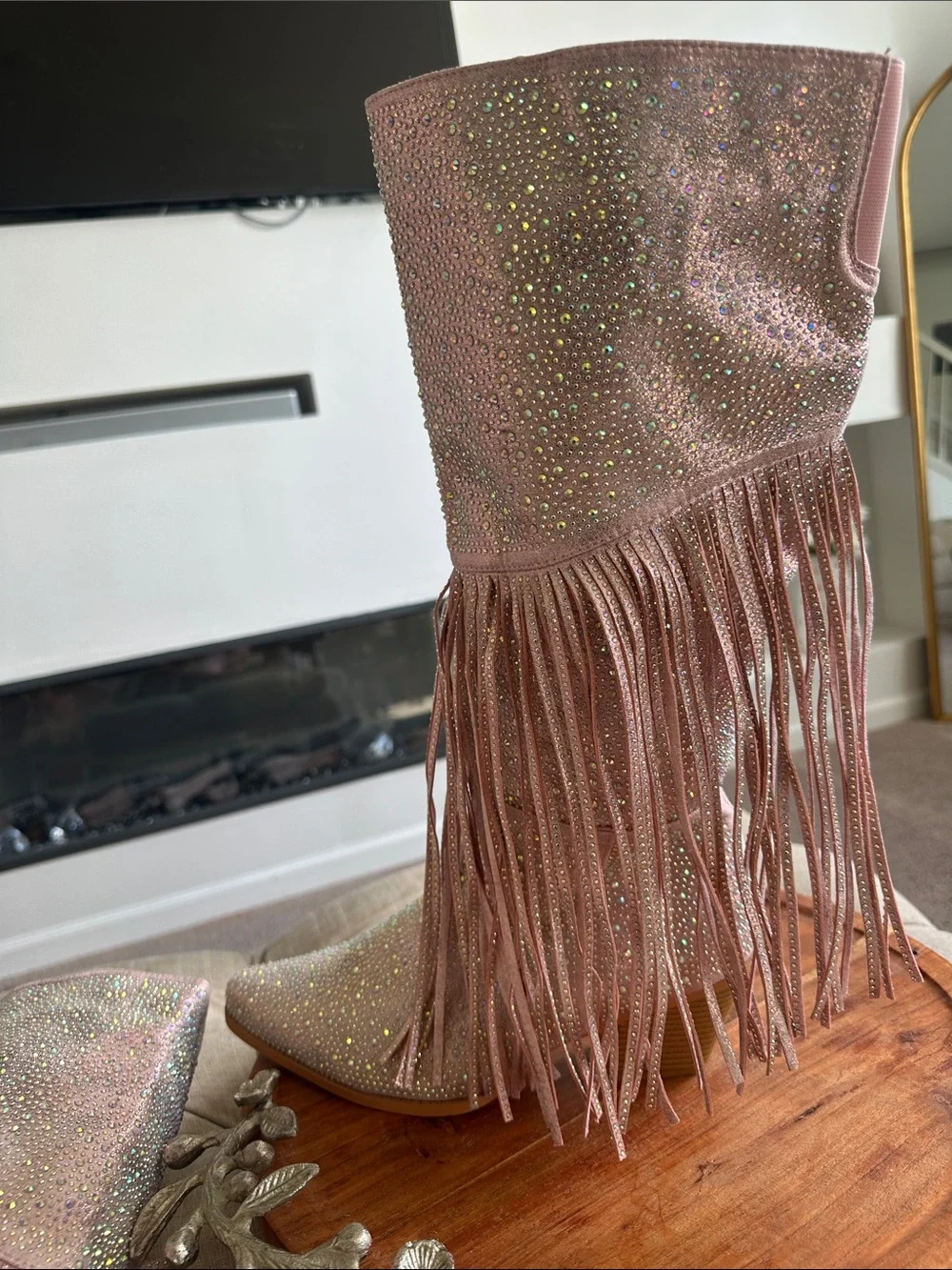 Fashion Nova Pink Rhinestone Fringe Western Boots